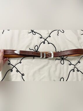 Brown Croc-Embossed Leather Belt with Silver Buckle